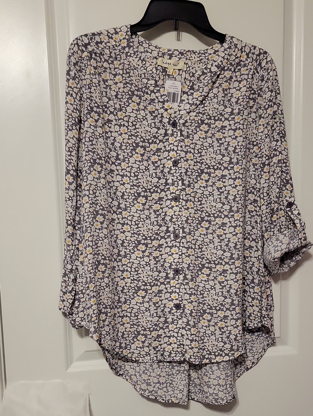 Indigo Soul Womens L, Button-up, L/S, Hi/low Blouse, NWT, Gray/white/yellow
